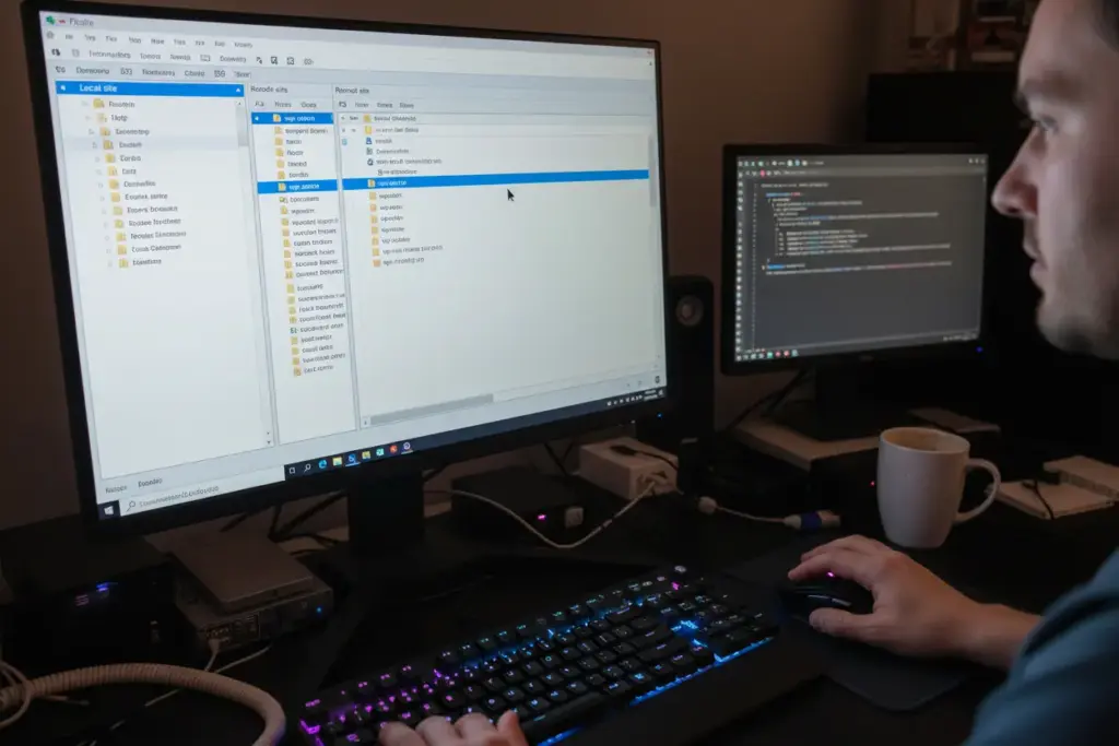 Saiba Como Atualizar Tema WordPress Manualmente! Guia Completo e Seguro 2 Interface do cliente FTP FileZilla para WordPress.