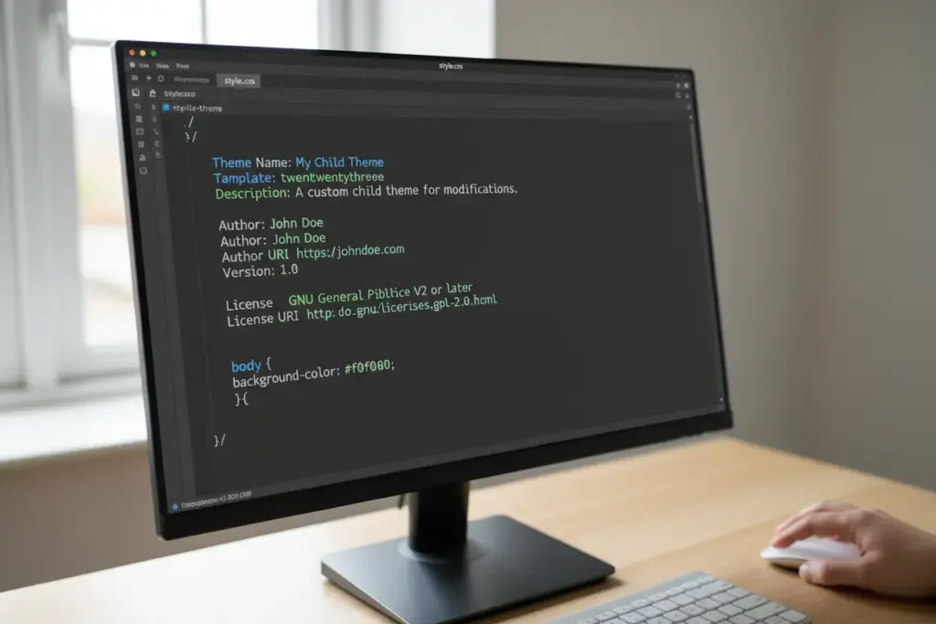 Código style.css com cabeçalho de tema filho WordPress.
