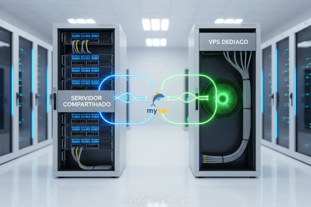Servidores conectados, representando a conexão MySQL entre hospedagem e VPS.