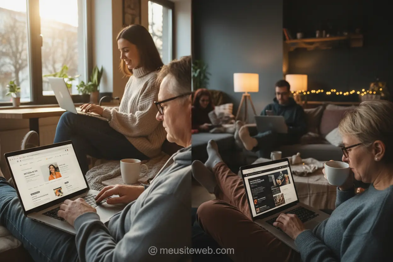 Usuários desfrutando de sites com temas dark e light