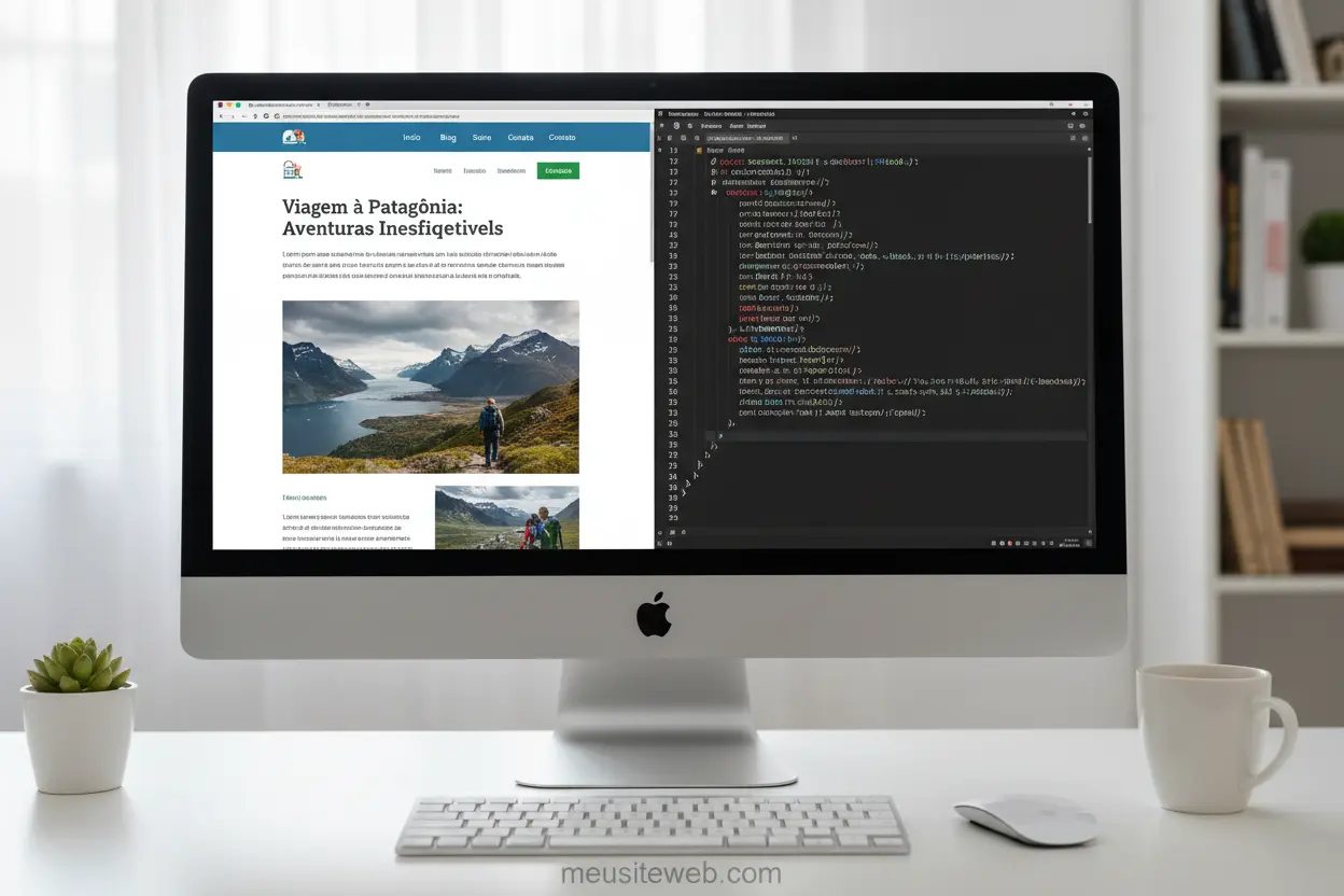 Código-Fonte Completo da Página Tela dividida mostrando página web e seu código-fonte HTML.
