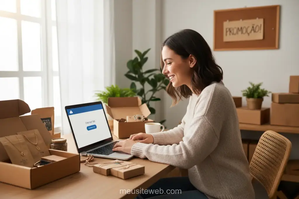 Mulher sorrindo criando loja virtual na Nuvemshop em notebook