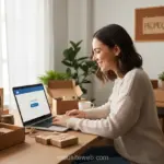 Mulher sorrindo criando loja virtual na Nuvemshop em notebook