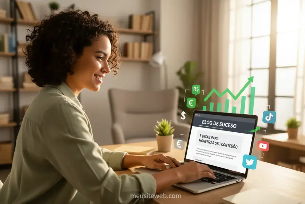 Jovem profissional feliz criando e monetizando um blog no laptop.