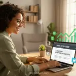 Home 20 Jovem profissional feliz criando e monetizando um blog no laptop.