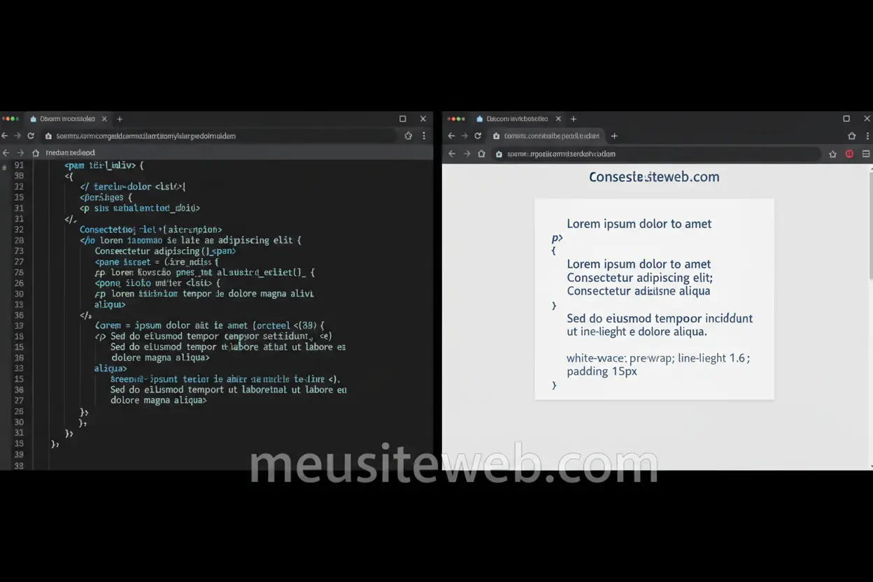 Código HTML e CSS controlando quebras de linha