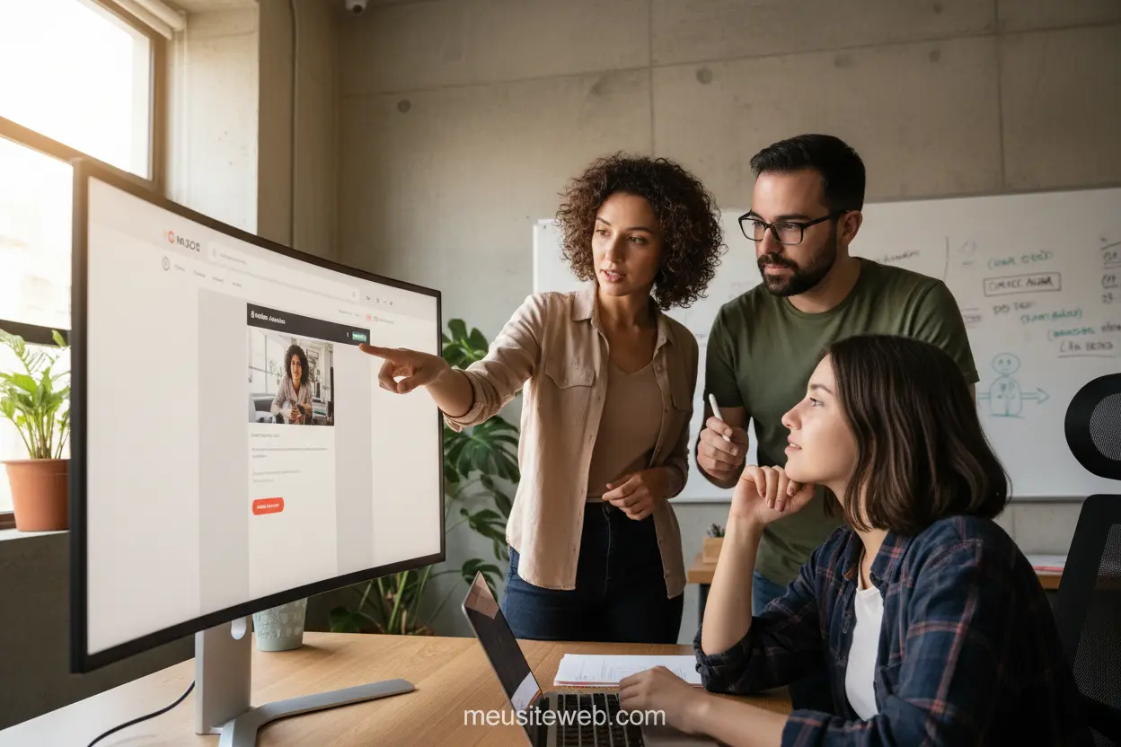 Design e UX para Landing Pages Equipe discutindo design e experiência do usuário de landing page.
