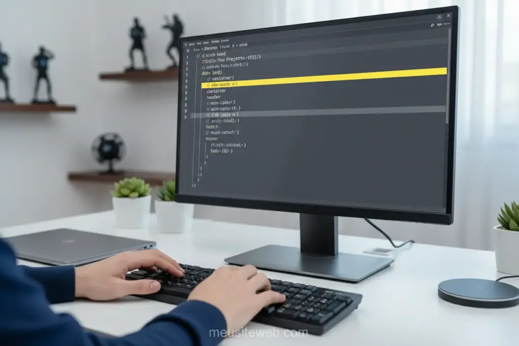 Código HTML com a tag div destacada em um monitor, sendo digitado por um desenvolvedor.