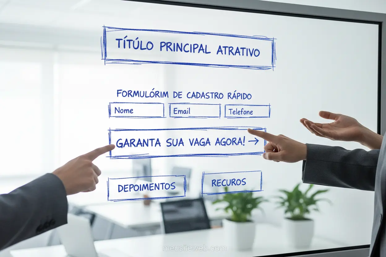 Elementos Essenciais Landing Page Esboço de landing page com elementos essenciais destacados.