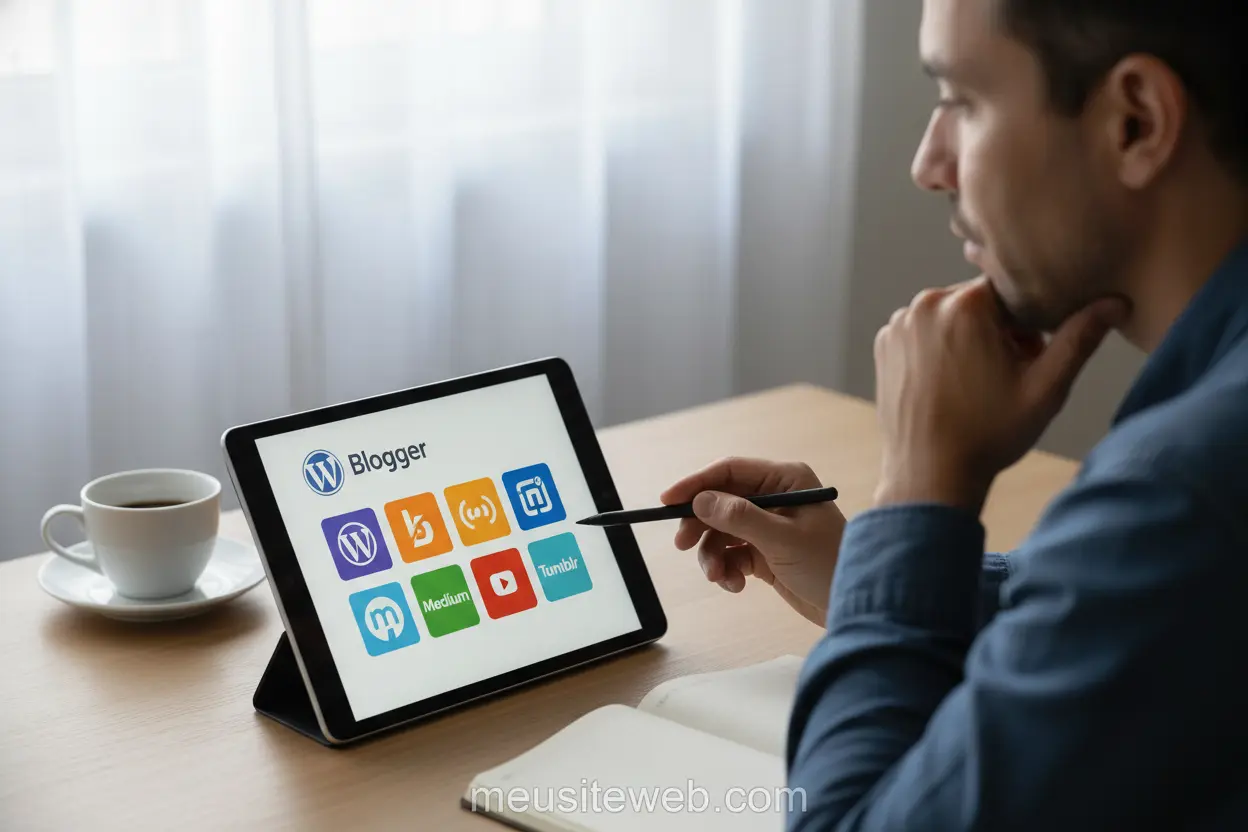 Pessoa escolhendo entre plataformas de blog como WordPress.