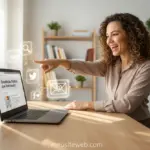 Pessoa feliz divulgando blog no laptop