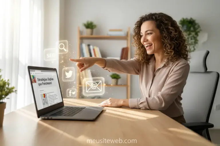 Pessoa feliz divulgando blog no laptop
