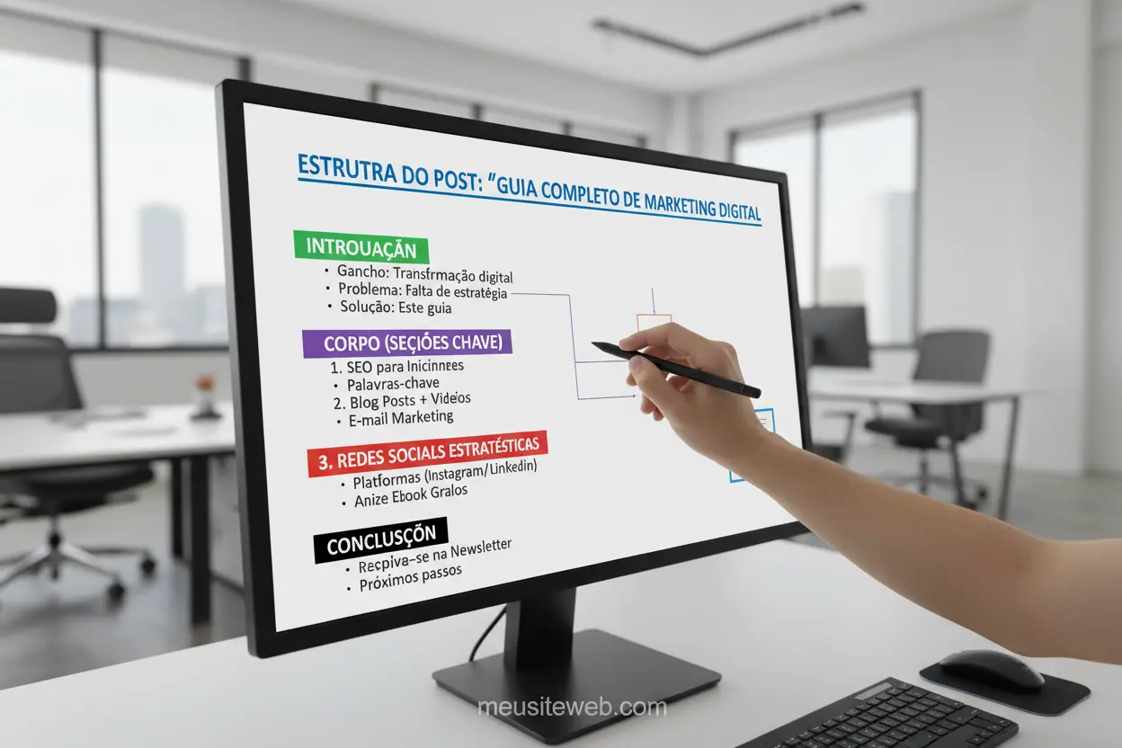Esquema de estrutura de um post de blog em um quadro branco
