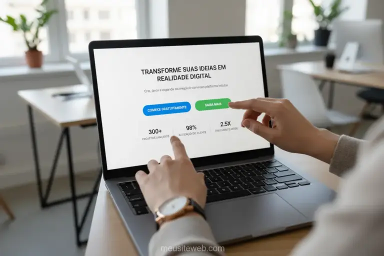 Tela de laptop exibindo uma landing page de alta conversão com formulário e CTA.