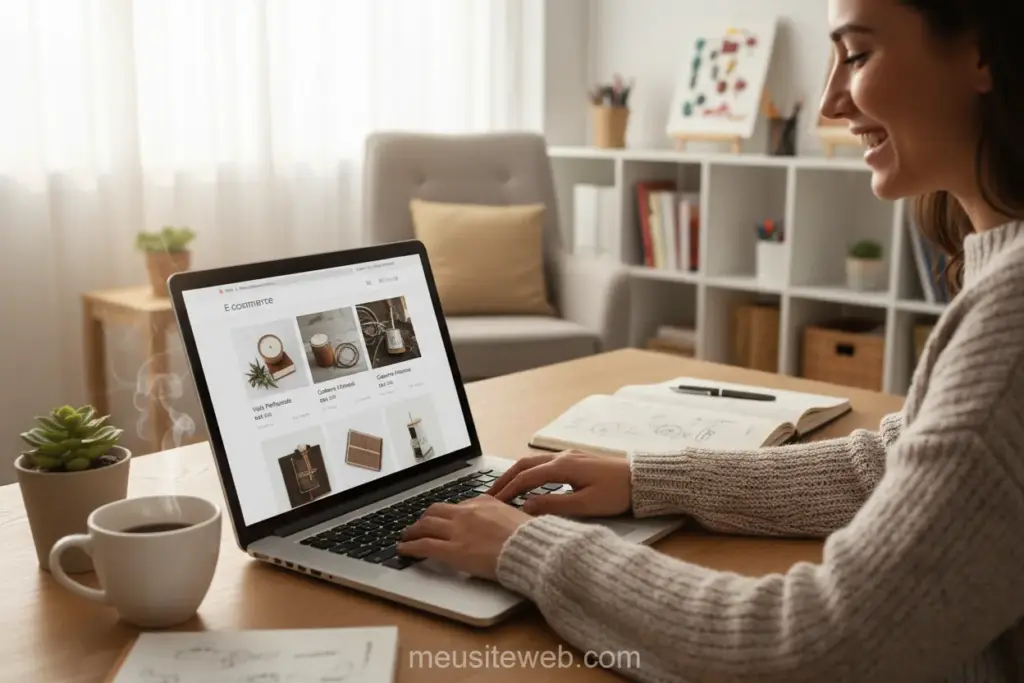 Mulher sorrindo criando loja virtual gratuita
