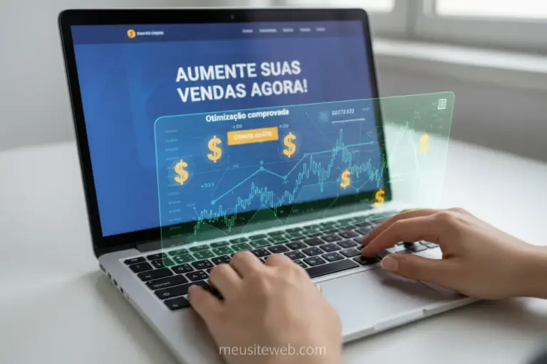 Home 4 Mãos digitando em laptop com gráficos de conversão para otimização de landing pages