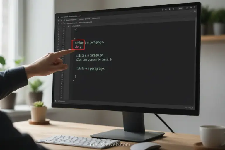 Tela de computador com código HTML e a tag br destacada