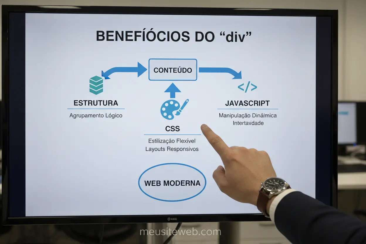 Vantagens da Div Diagrama explicativo sobre as vantagens da tag div em HTML na organização de conteúdo.