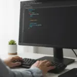 Home 20 Tela de computador exibindo código HTML e mãos de desenvolvedor.