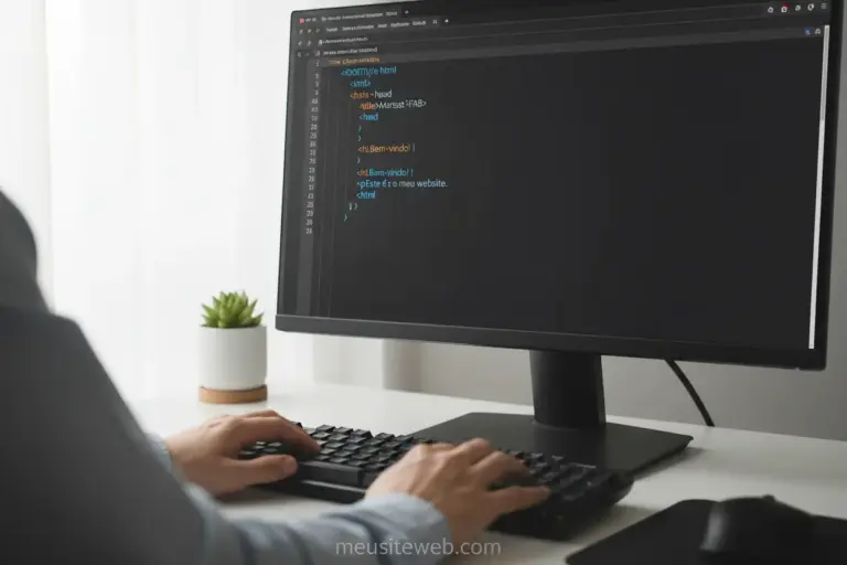 Home 1 Tela de computador exibindo código HTML e mãos de desenvolvedor.