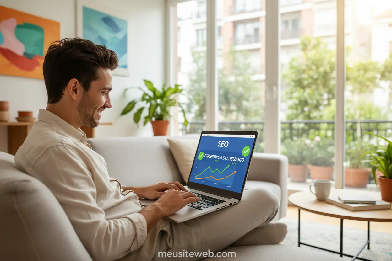 Pessoa feliz com laptop, gráficos de SEO e segurança, mostrando os benefícios da hospedagem LiteSpeed.