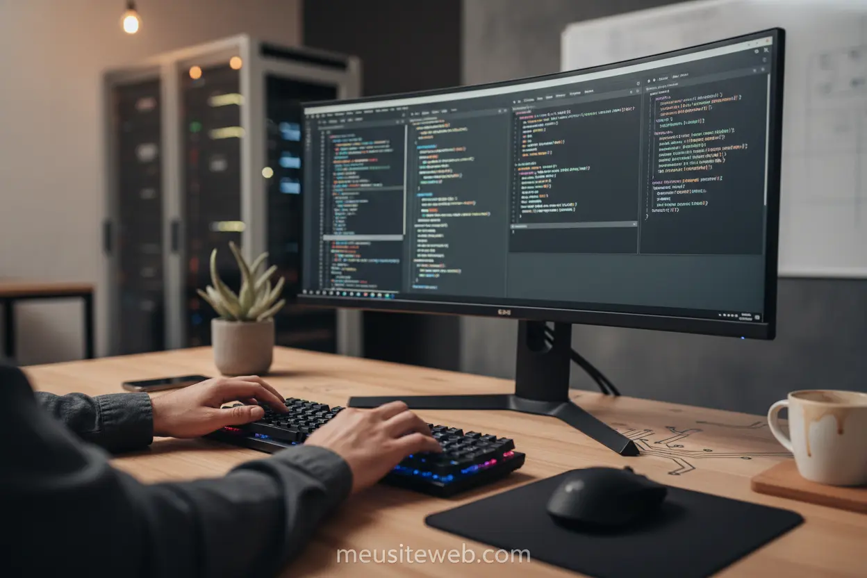 Desenvolvedor codificando HTML, CSS e JavaScript para como clonar landing page.
