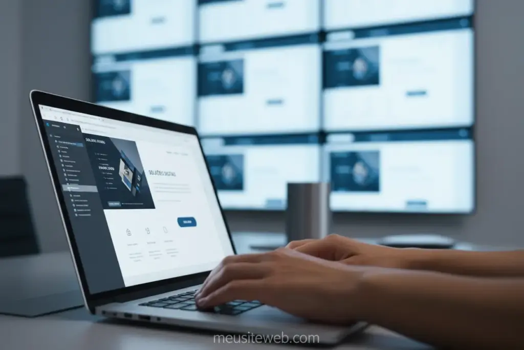 Mãos trabalhando em laptop, clonando landing page.