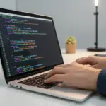 Mãos de desenvolvedor digitando código CSS em laptop.