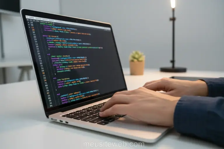 Mãos de desenvolvedor digitando código CSS em laptop.