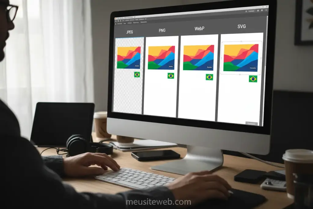Mãos de desenvolvedor redimensionando imagem na tela, comparando formatos como JPEG e WebP.