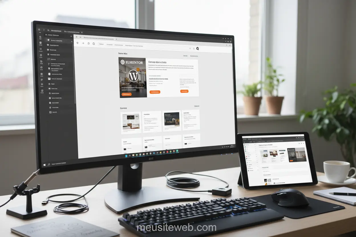 Tela de computador com Elementor e tablet com plataforma de landing page.