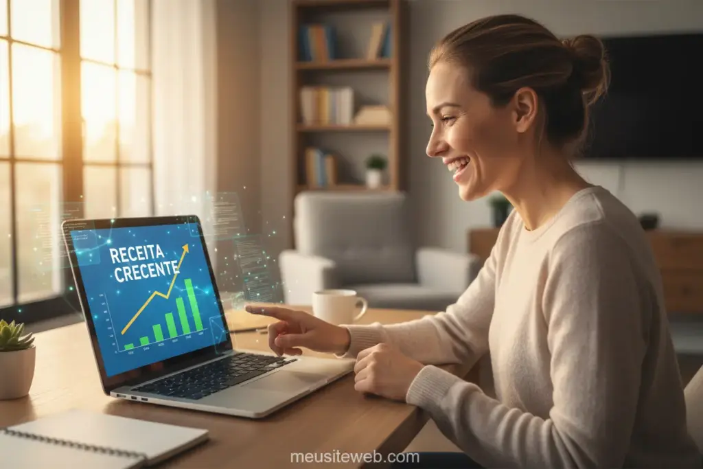 Pessoa feliz analisando ganhos de blog com AdSense em laptop