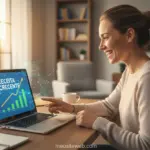 Pessoa feliz analisando ganhos de blog com AdSense em laptop