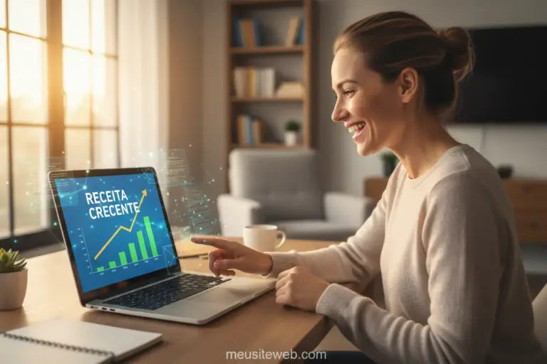 Pessoa feliz analisando ganhos de blog com AdSense em laptop