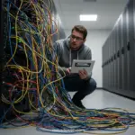 Pessoa confusa em frente a cabos de servidor, simbolizando os desafios da hospedagem compartilhada.
