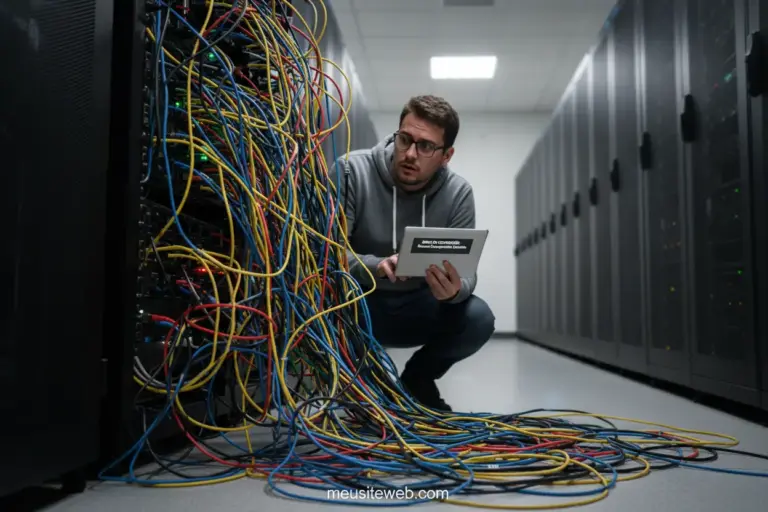 Pessoa confusa em frente a cabos de servidor, simbolizando os desafios da hospedagem compartilhada.