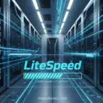 Servidor moderno com luzes azuis simbolizando a velocidade da hospedagem LiteSpeed.