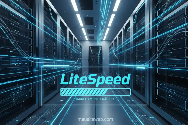 Servidor moderno com luzes azuis simbolizando a velocidade da hospedagem LiteSpeed.