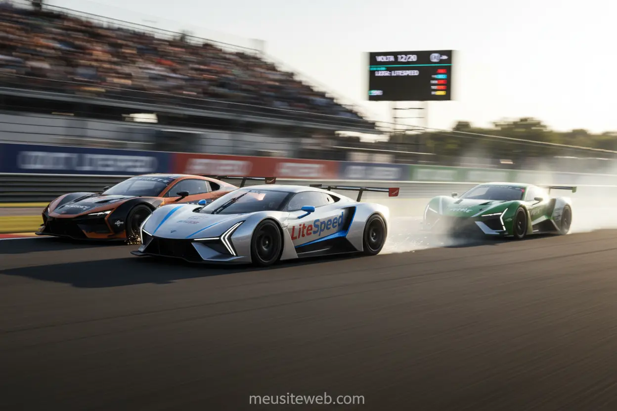 Carros de corrida representando LiteSpeed, Apache e Nginx, com LiteSpeed na liderança.