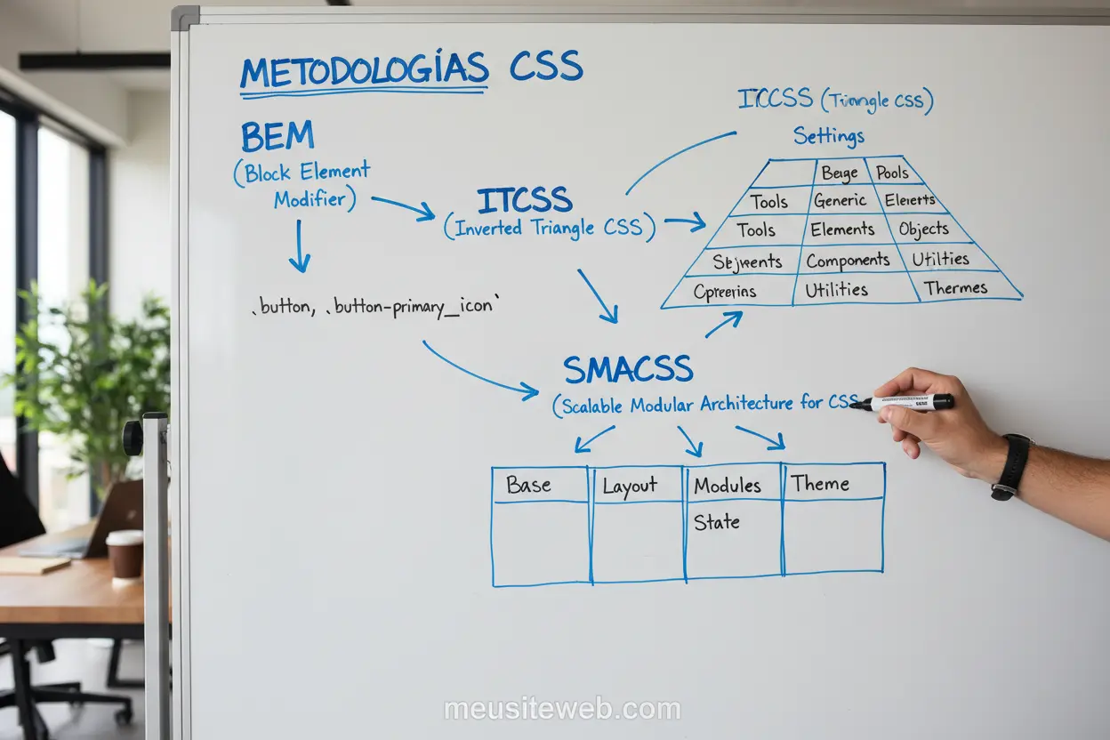 Quadro branco com metodologias de CSS como BEM e ITCSS.