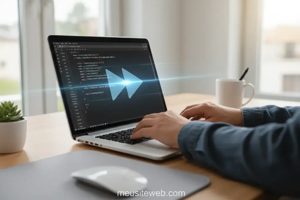 Mãos digitando código CSS em um laptop, simbolizando otimização de velocidade.