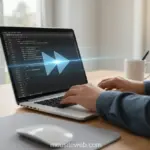 Mãos digitando código CSS em um laptop, simbolizando otimização de velocidade.