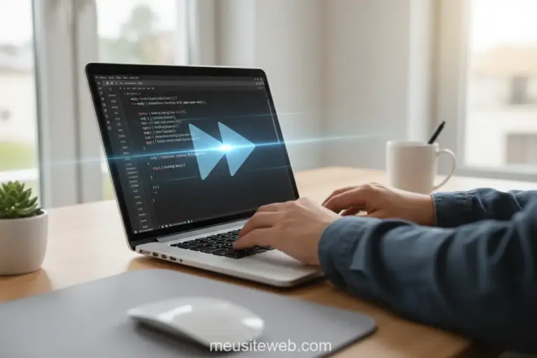 Mãos digitando código CSS em um laptop, simbolizando otimização de velocidade.