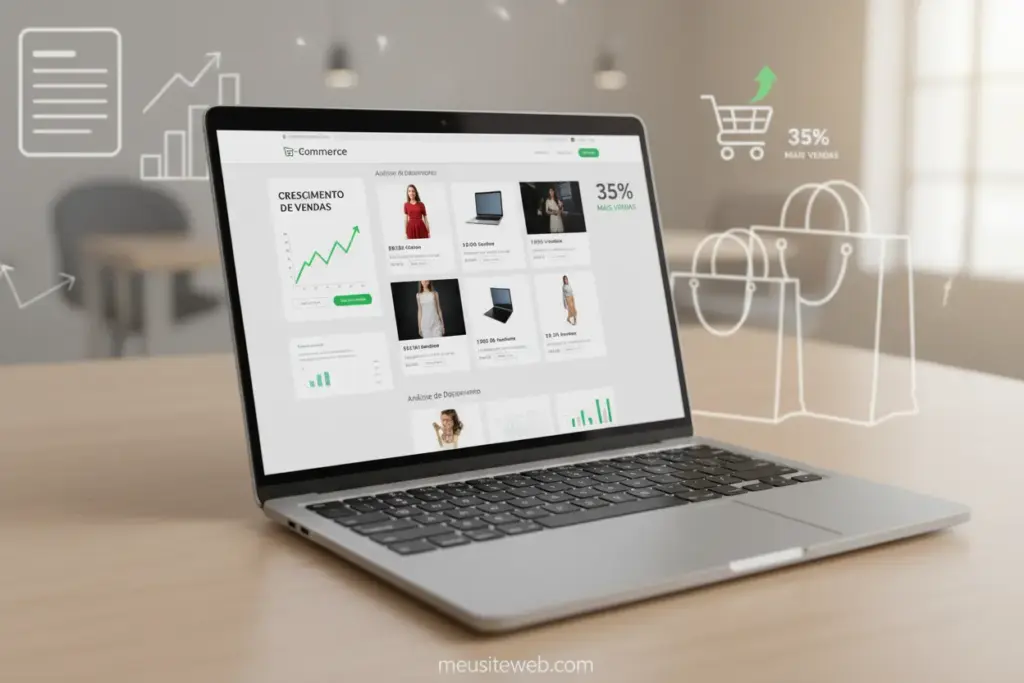 Laptop exibindo um layout de loja virtual moderno e otimizado.