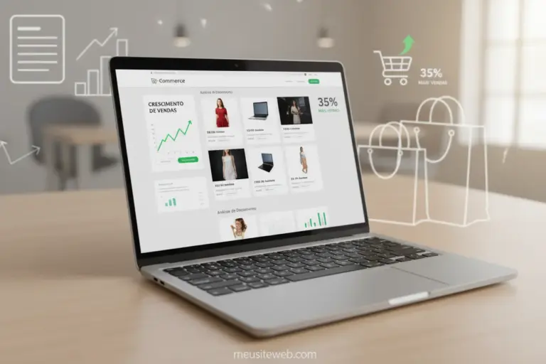 Laptop exibindo um layout de loja virtual moderno e otimizado.