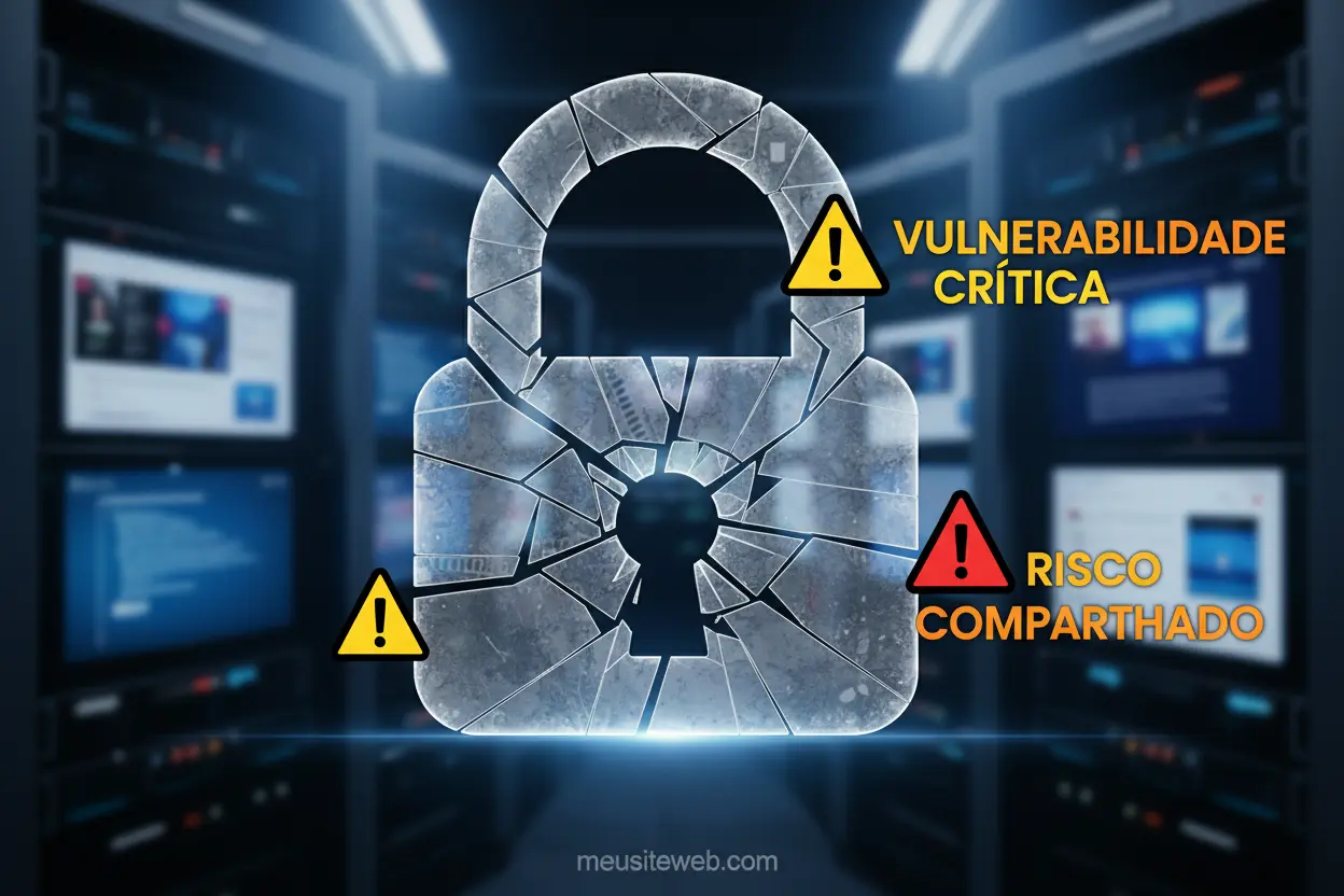 Cadeado digital rachado sobre servidores, ilustrando os riscos da hospedagem compartilhada.