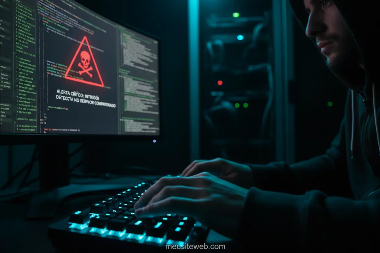 Mãos de hacker digitando, simbolizando vulnerabilidades de segurança e ataques cibernéticos.